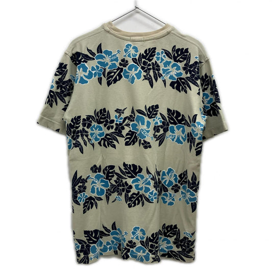 stussy ステューシー 90's 紺タグ ブルー×ベージュ ボタニカル ハイビスカス コットン Tシャツ トップス