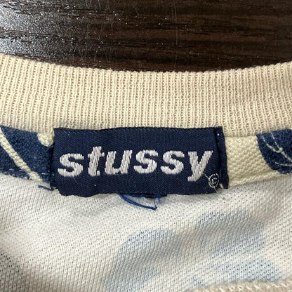 STUSSY ステューシー 90's 紺タグ ブルー×ベージュ ボタニカル ハイビスカス コットン Tシャツ トップス