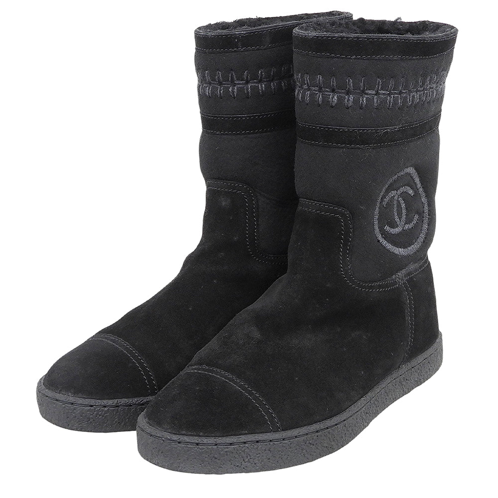 CHANEL Coco Mark stitched shearling boots, women's shoes, black, 36, G30208, shoes