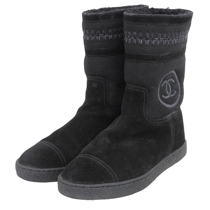 CHANEL Coco Mark stitched shearling boots, women's shoes, black, 36, G30208, shoes