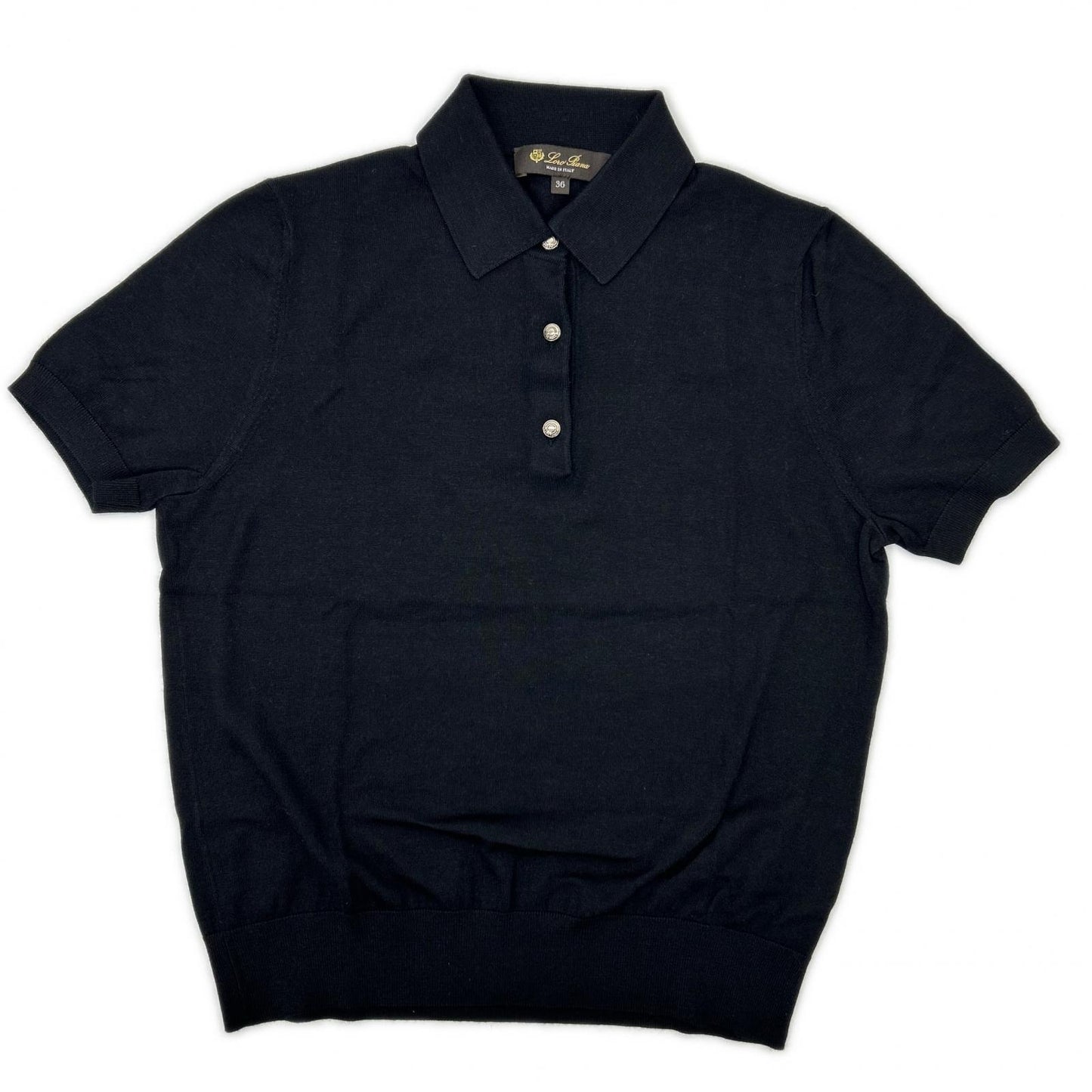 Loro Piana FAO9853 Black Virgin Wool Cashmere Silk Logo-Button Sottile Polo Shirt Tops