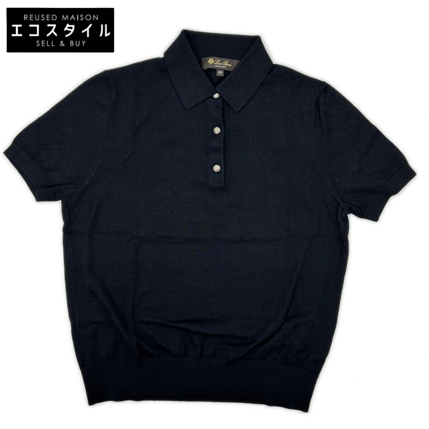 Loro Piana FAO9853 Black Virgin Wool Cashmere Silk Logo-Button Sottile Polo Shirt Tops