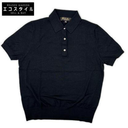 Loro Piana FAO9853 Black Virgin Wool Cashmere Silk Logo-Button Sottile Polo Shirt Tops