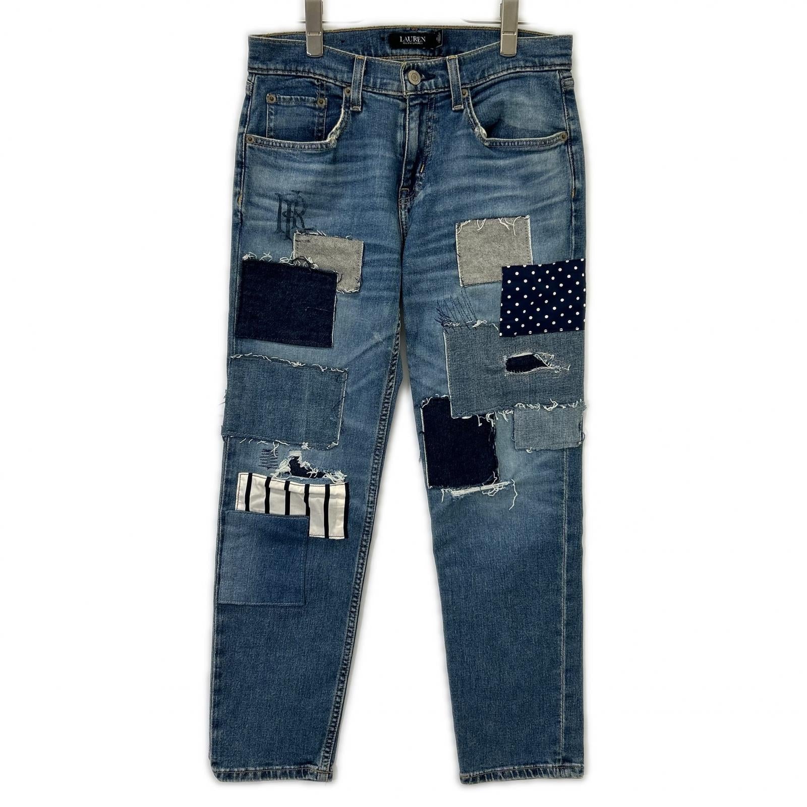 LAUREN RALPH LAUREN ローレン ラルフローレン ブルー パッチワーク リペア加工 デニム パンツ ボトムス