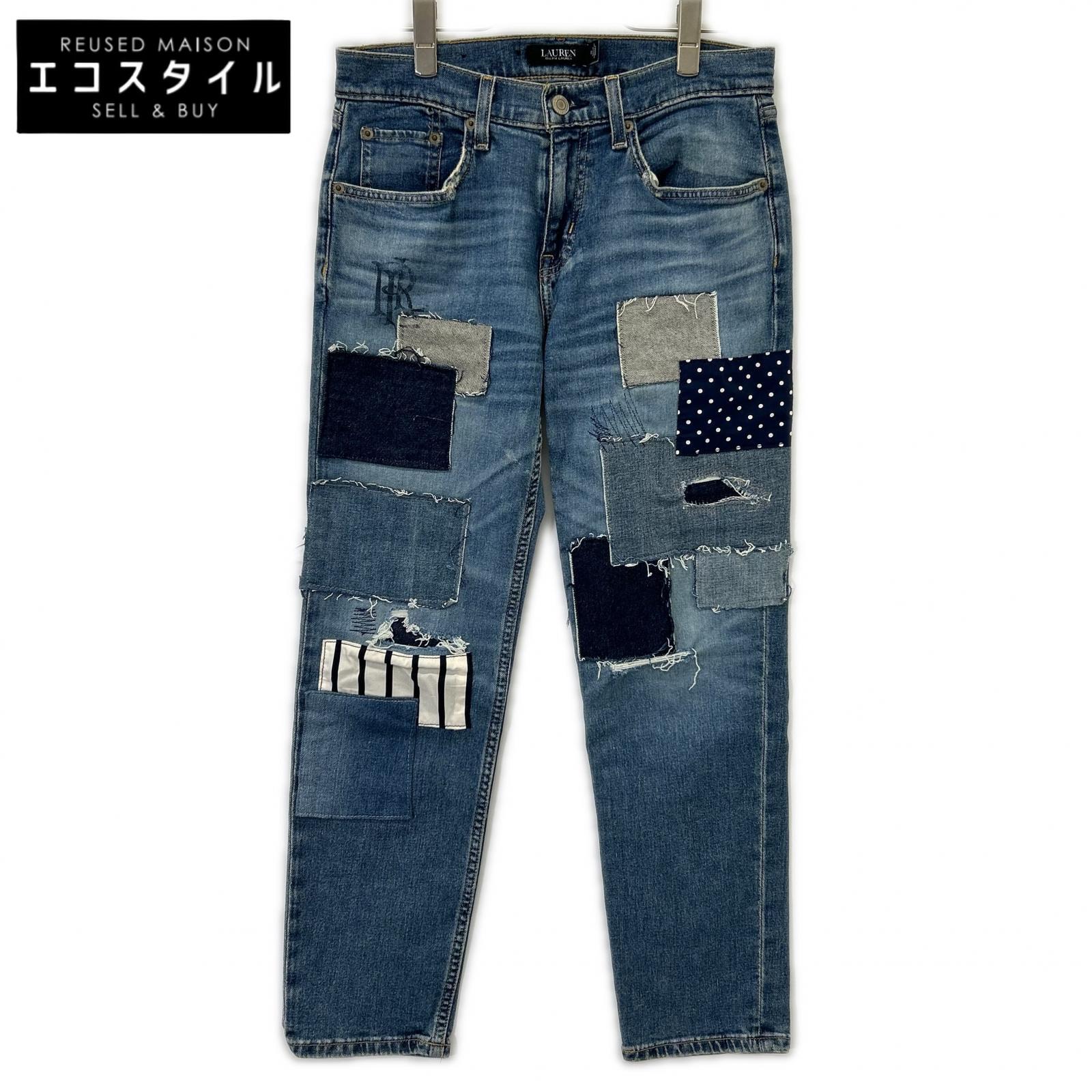 LAUREN RALPH LAUREN ローレン ラルフローレン ブルー パッチワーク リペア加工 デニム パンツ ボトムス