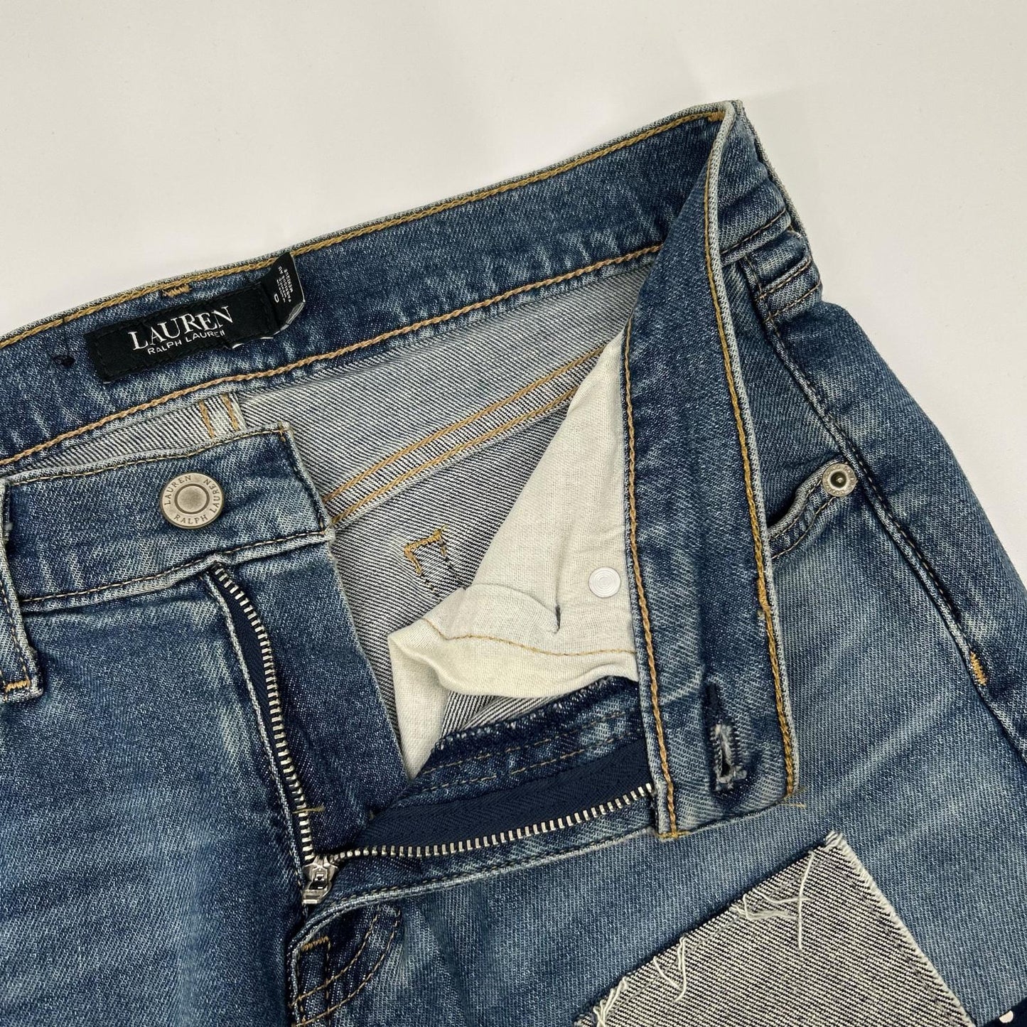 LAUREN RALPH LAUREN ローレン ラルフローレン ブルー パッチワーク リペア加工 デニム パンツ ボトムス