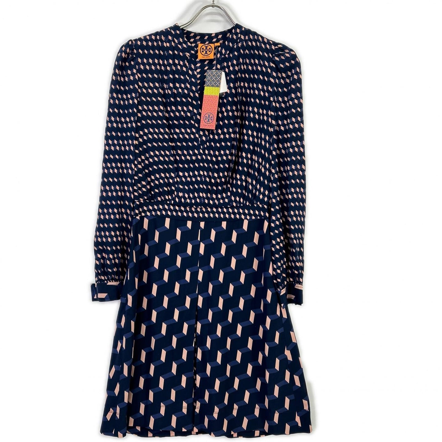 Tory Burch トリーバーチ ネイビー×ピンク 幾何学模様 シルクワンピース ワンピース