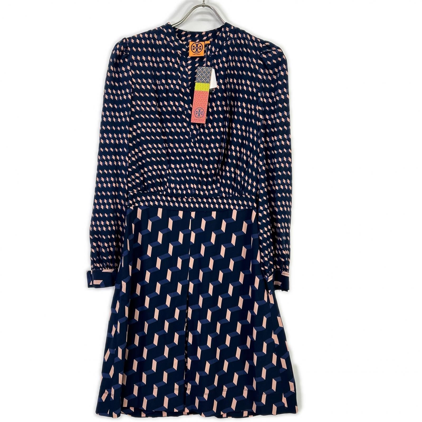 Tory Burch トリーバーチ ネイビー×ピンク 幾何学模様 シルクワンピース ワンピース