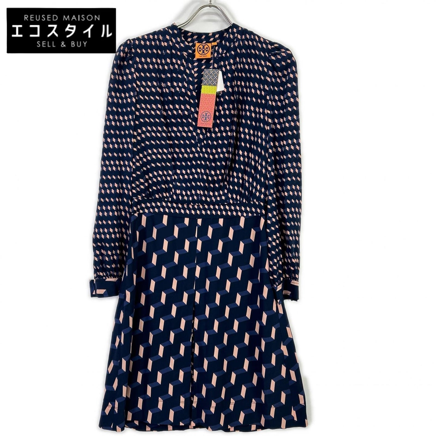 Tory Burch トリーバーチ ネイビー×ピンク 幾何学模様 シルクワンピース ワンピース
