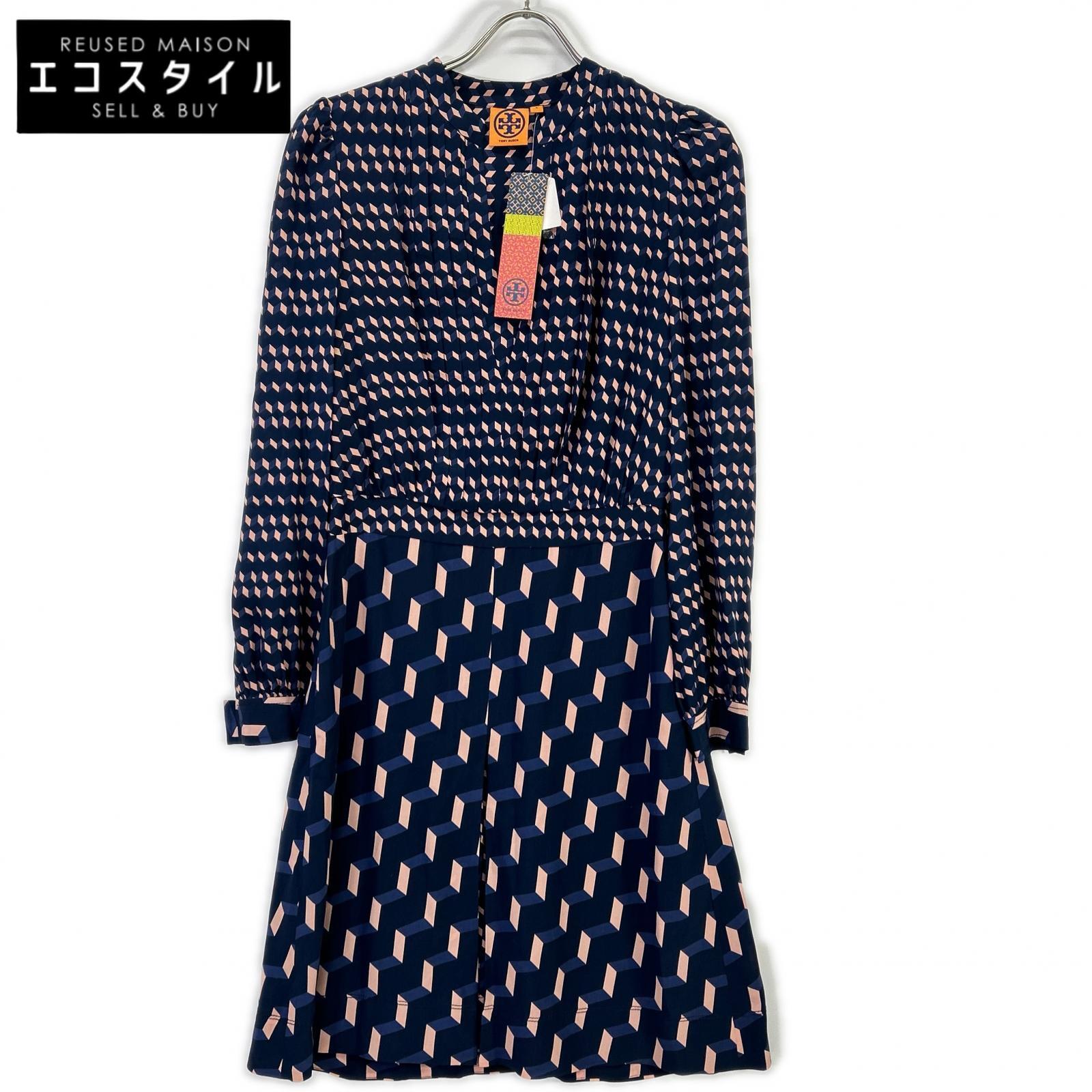 Tory Burch トリーバーチ ネイビー×ピンク 幾何学模様 シルクワンピース ワンピース