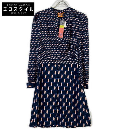 Tory Burch トリーバーチ ネイビー×ピンク 幾何学模様 シルクワンピース ワンピース
