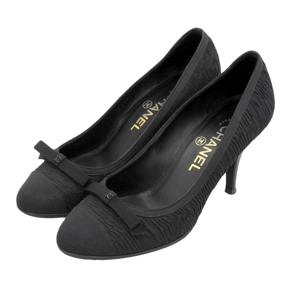 CHANEL シャネル グログランリボン ココマーク キャップトゥ ヒールパンプス レディース ブラック36 1/2C シューズ