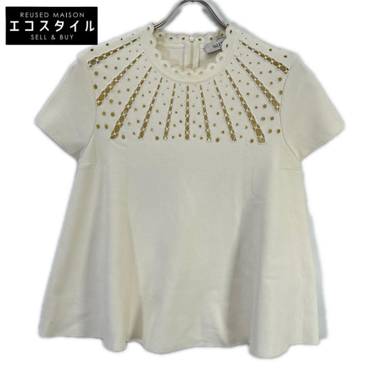 VALENTINO ヴァレンティノ Ivory Eyelet Lace A-Line Knit Pullover Cutwork Tops Tops