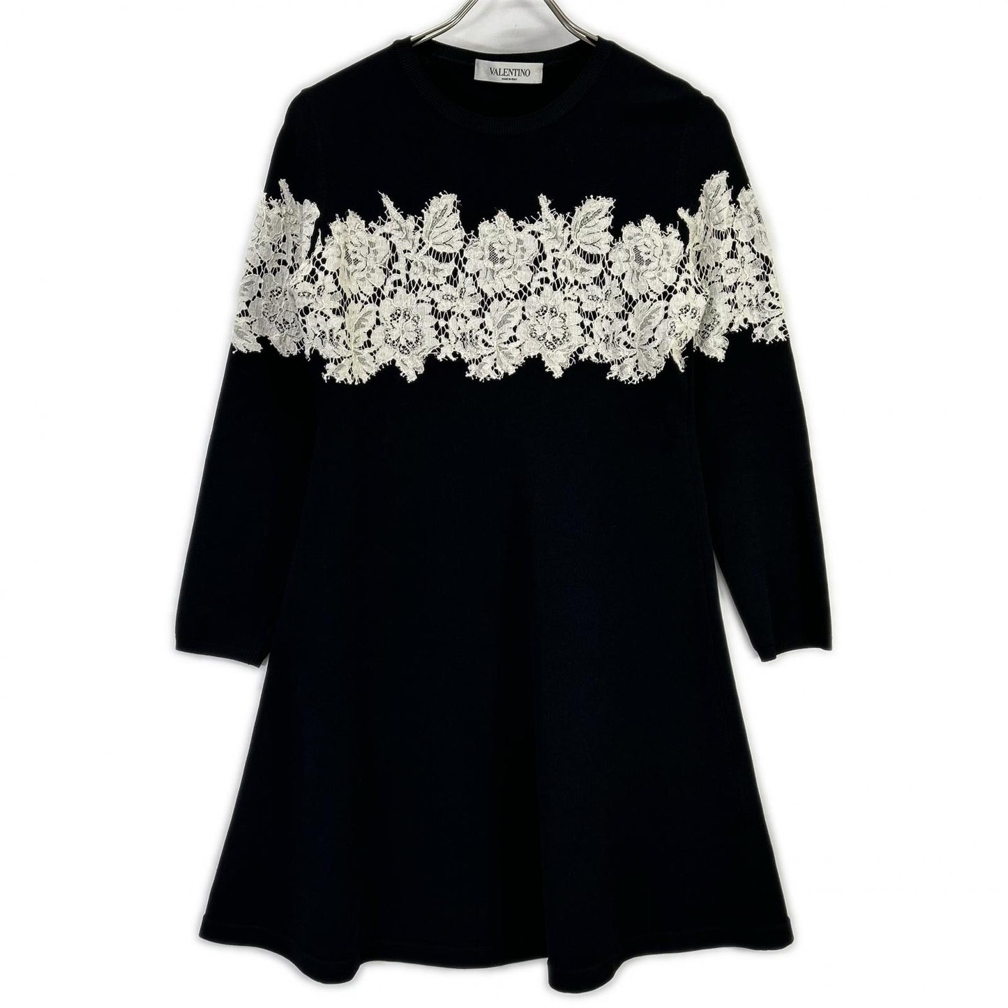 VALENTINO ヴァレンティノ ブラック レースデザイン ロングスリーブ ジャージー ワンピース ワンピース