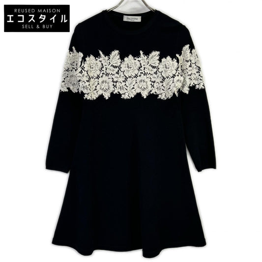 VALENTINO ヴァレンティノ ブラック レースデザイン ロングスリーブ ジャージー ワンピース ワンピース