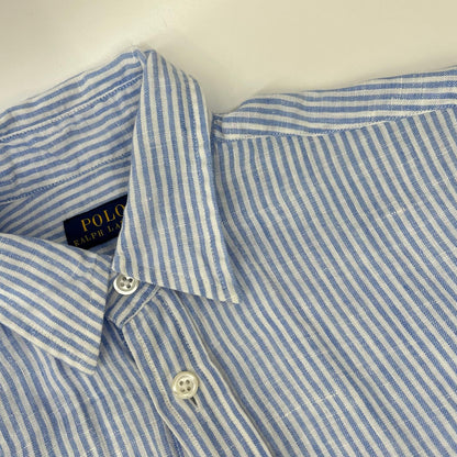 POLO RALPH LAUREN ポロ ラルフローレン 19年 スカイブルー ストライプ ベルト付き リネン ワンピース ワンピース