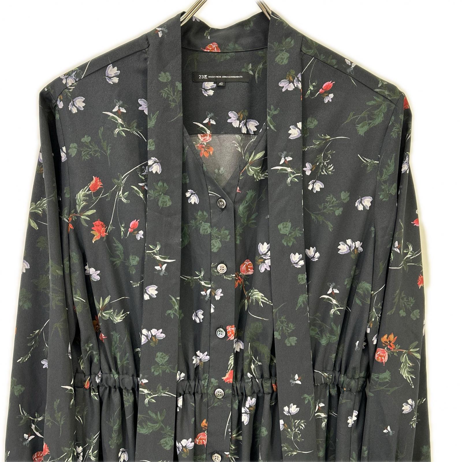 【新品未使用タグ付】23区×mi-mollet 大草直子コラボ　ワンピース　花柄 23区 23区 ブラック 花柄 フラワー ×mi-mollet ボウタイ 前開き