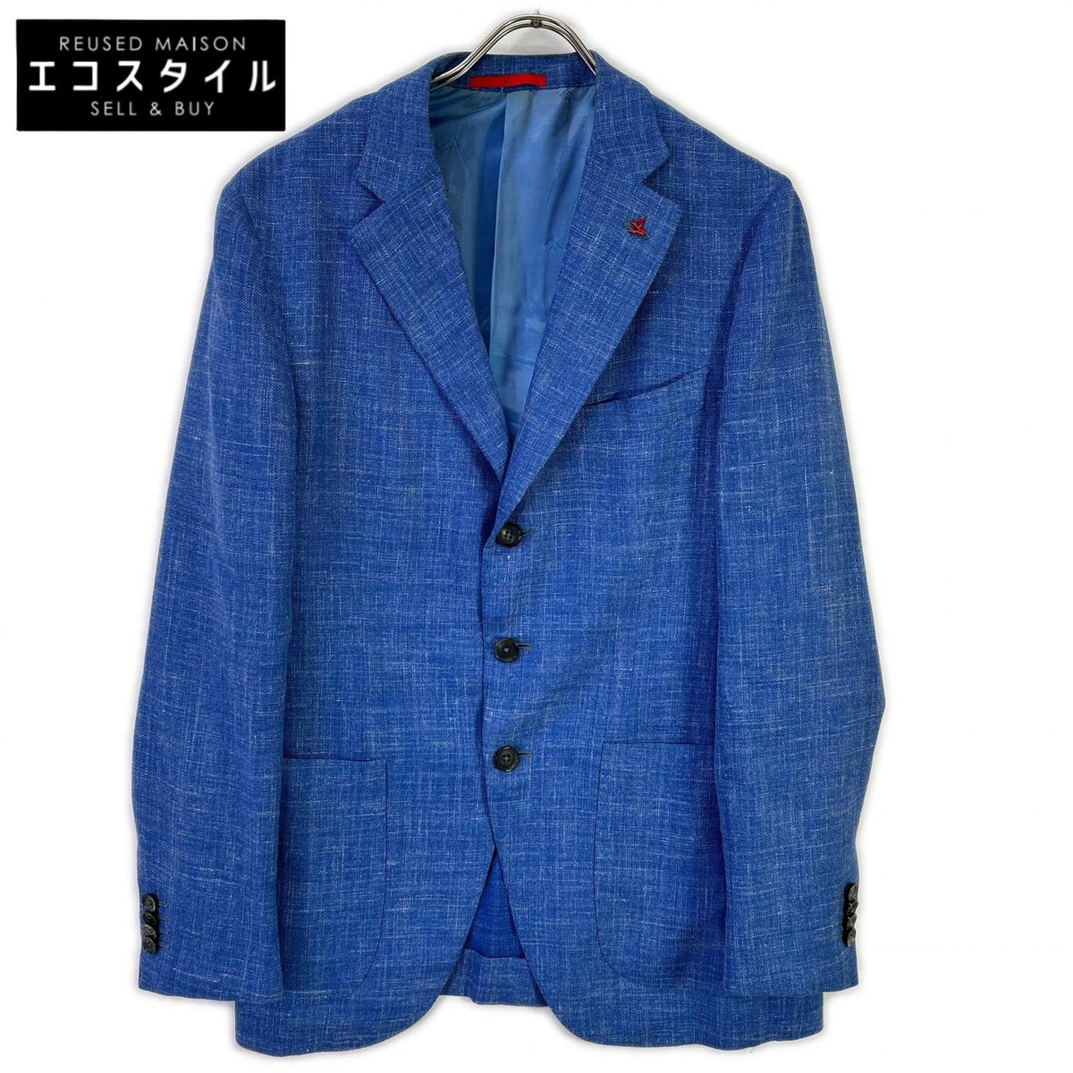 ISAIA SAILOR blue wool-silk-linen three-button single-breasted jacket with rolled lapels