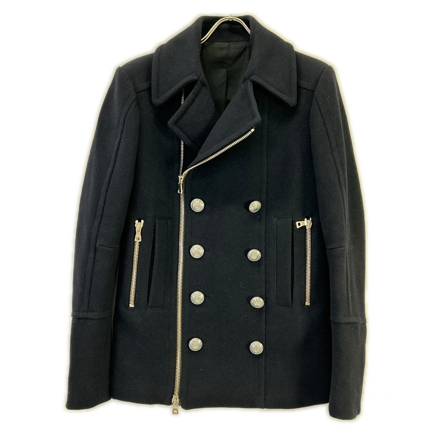 BALMAIN バルマン W8H3098T388 ネイビー ウール ダブル ピーコート コート