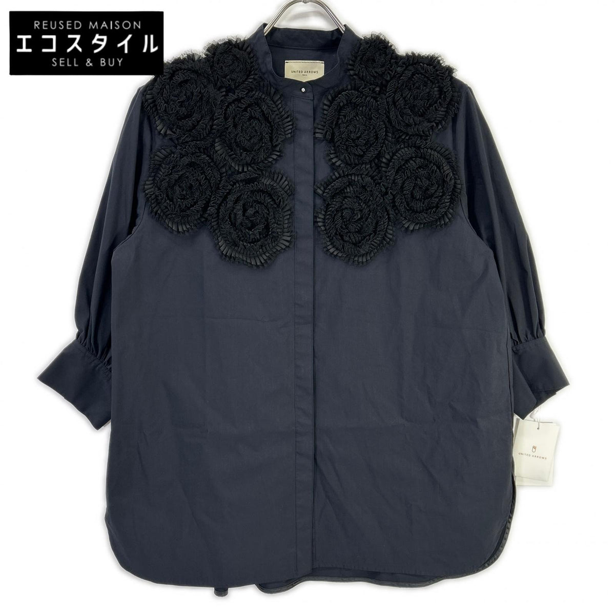 UNITED ARROWS ユナイテッドアローズ ダークネイビー 24年 フラワーモチーフ タックリボンパーツ シャツブラウス トップス