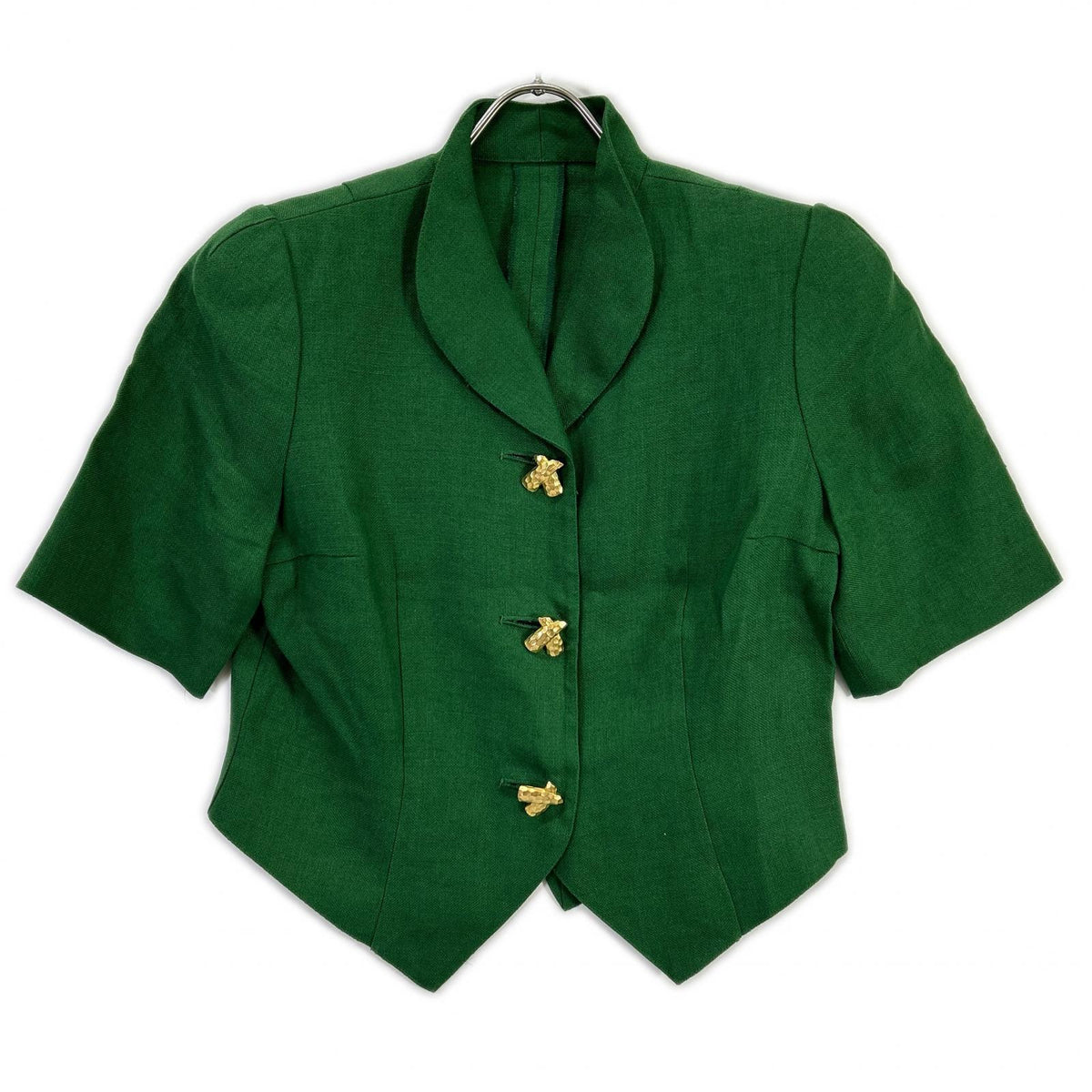 JUN ASHIDA green linen half-sleeve jacket with decorative gold buttons, jacket