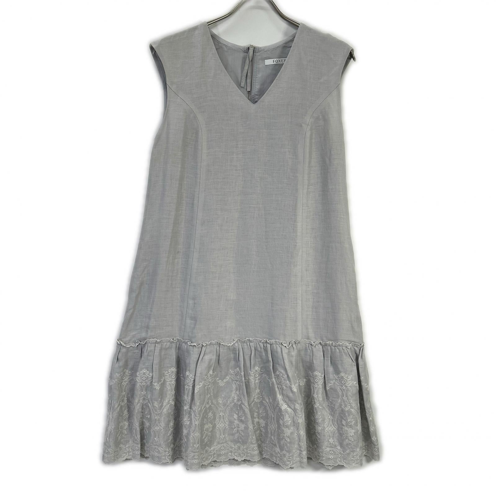 FOXEY フォクシー 35790 スカイブルー Dress Lyon リネン 花柄レース ワンピース ワンピース