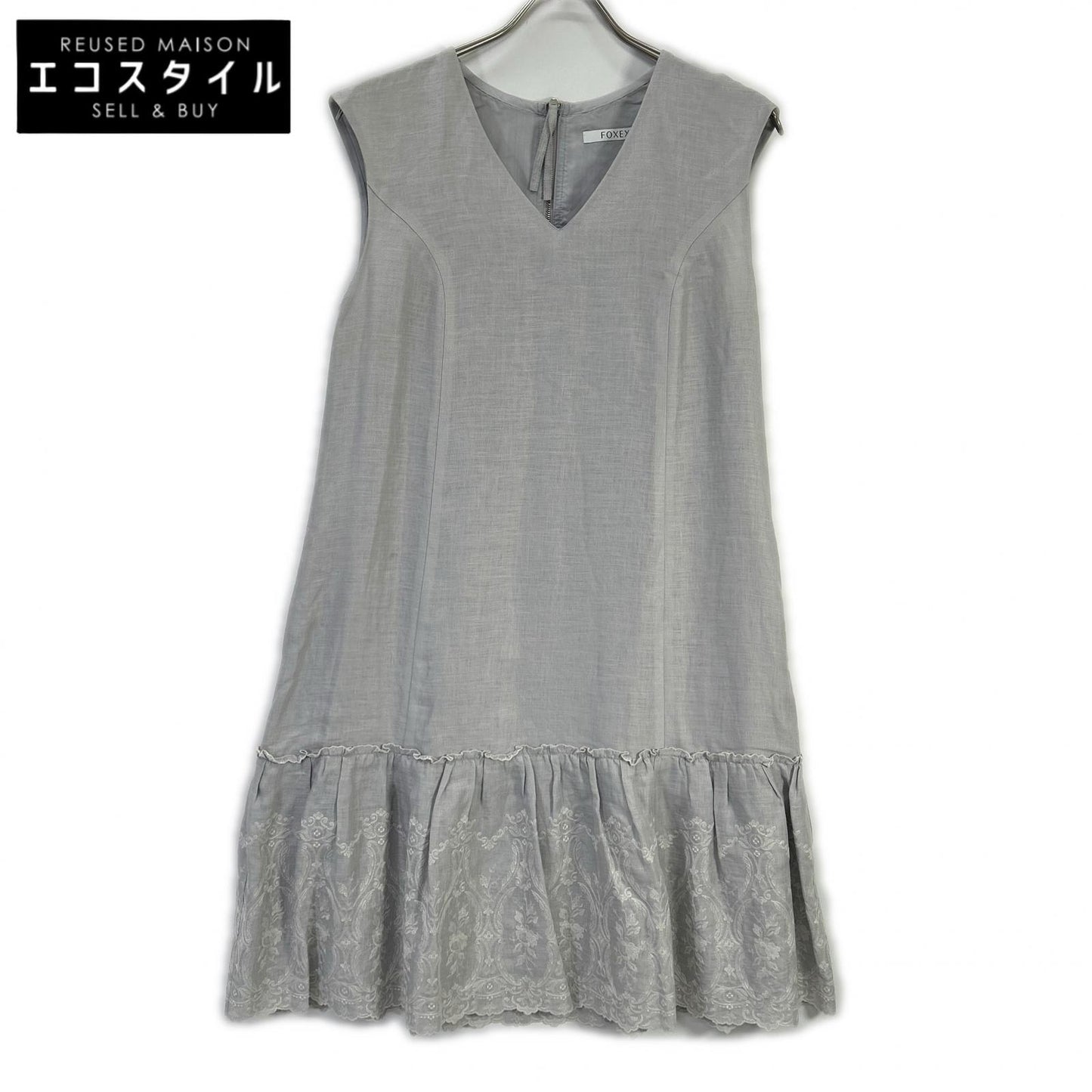 FOXEY フォクシー 35790 スカイブルー Dress Lyon リネン 花柄レース ワンピース ワンピース