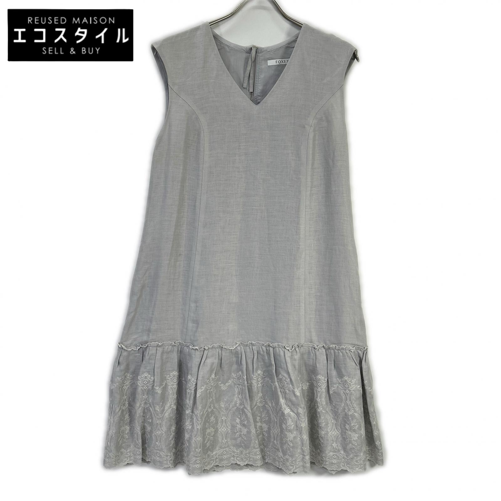 FOXEY フォクシー 35790 スカイブルー Dress Lyon リネン 花柄レース ワンピース ワンピース