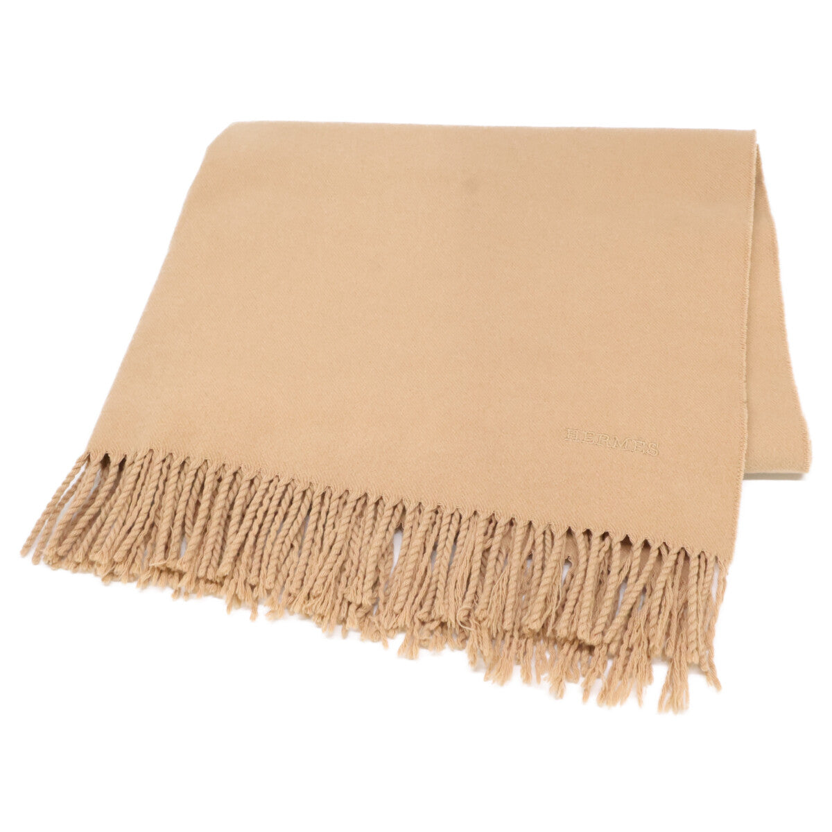 HERMES Hermès logo-embroidered cashmere fringe scarf
