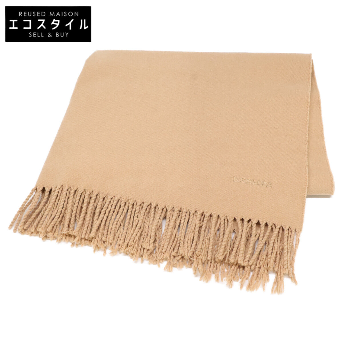 HERMES Hermès logo-embroidered cashmere fringe scarf