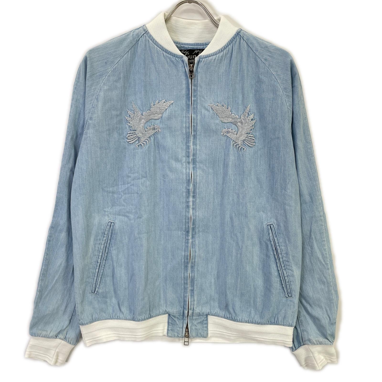 SLOW GUN Slow Gun Blue ALASKA Animal-Embroidered Bleached Denim Sukajan Jacket