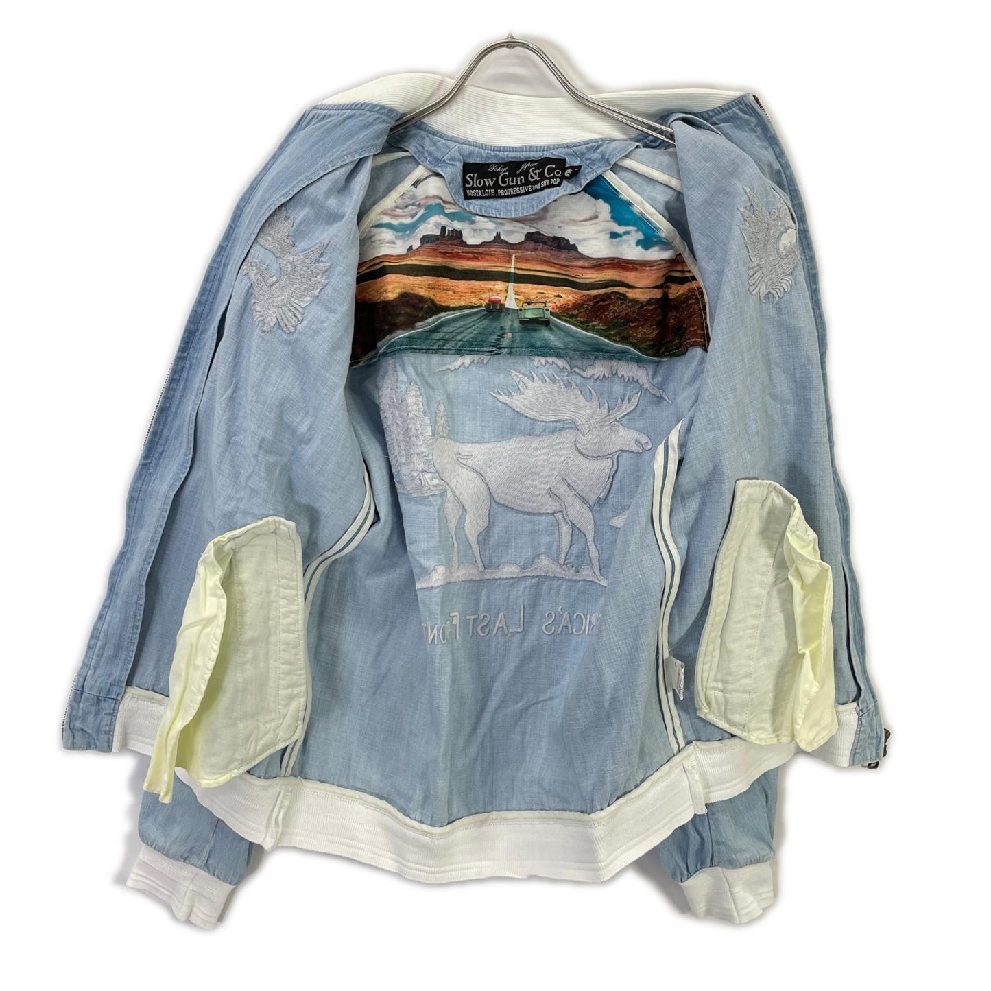 SLOW GUN Slow Gun Blue ALASKA Animal-Embroidered Bleached Denim Sukajan Jacket