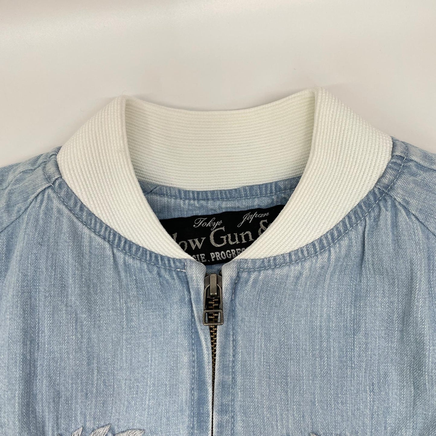 SLOW GUN Slow Gun Blue ALASKA Animal-Embroidered Bleached Denim Sukajan Jacket
