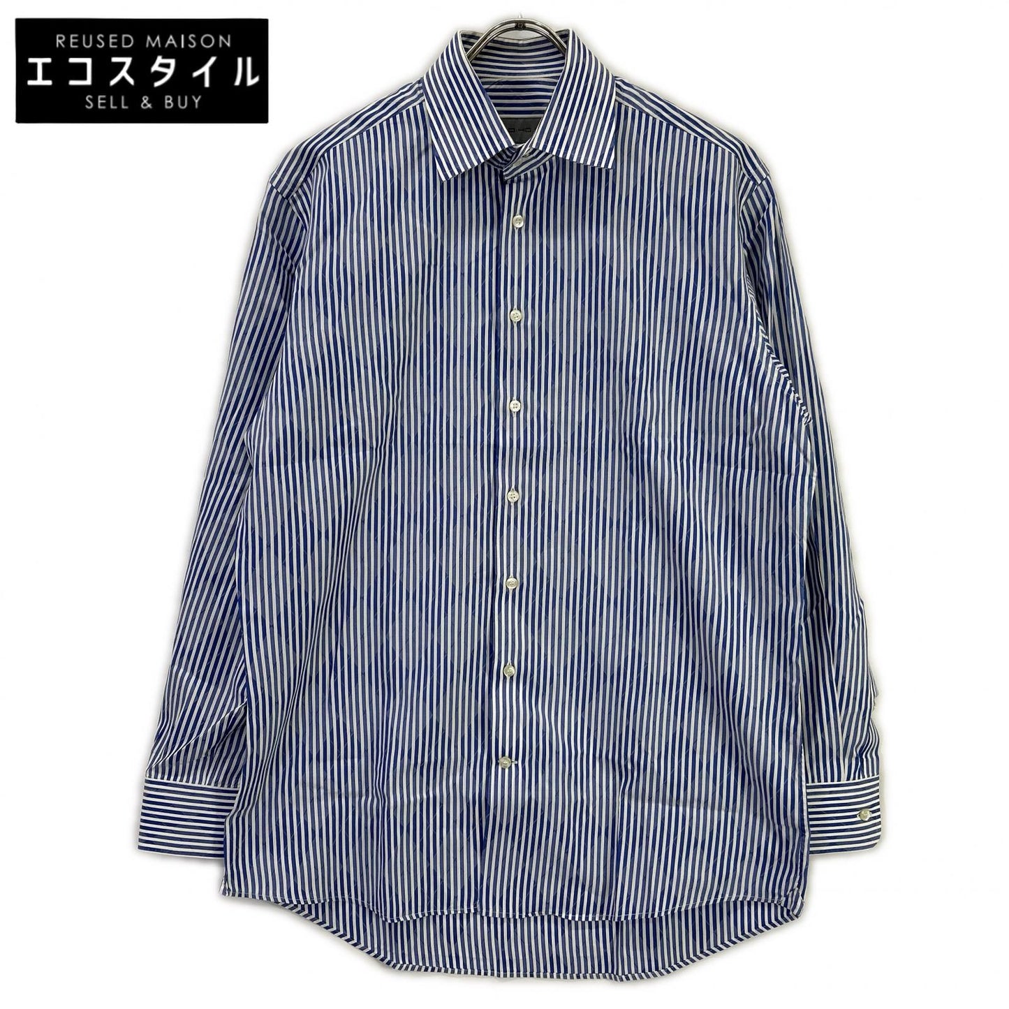 ETRO エトロ ブルー 14年 ストライプ×アーガイル ワイドカラー ドレス シャツ トップス