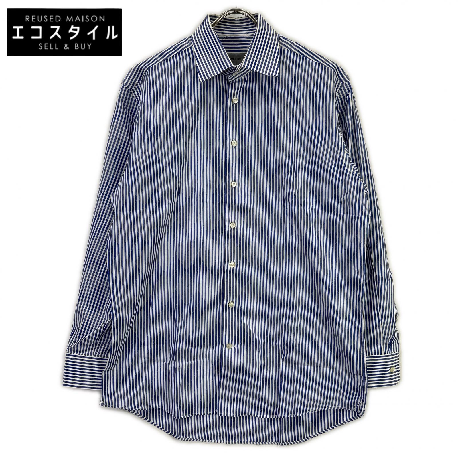 ETRO エトロ ブルー 14年 ストライプ×アーガイル ワイドカラー ドレス シャツ トップス