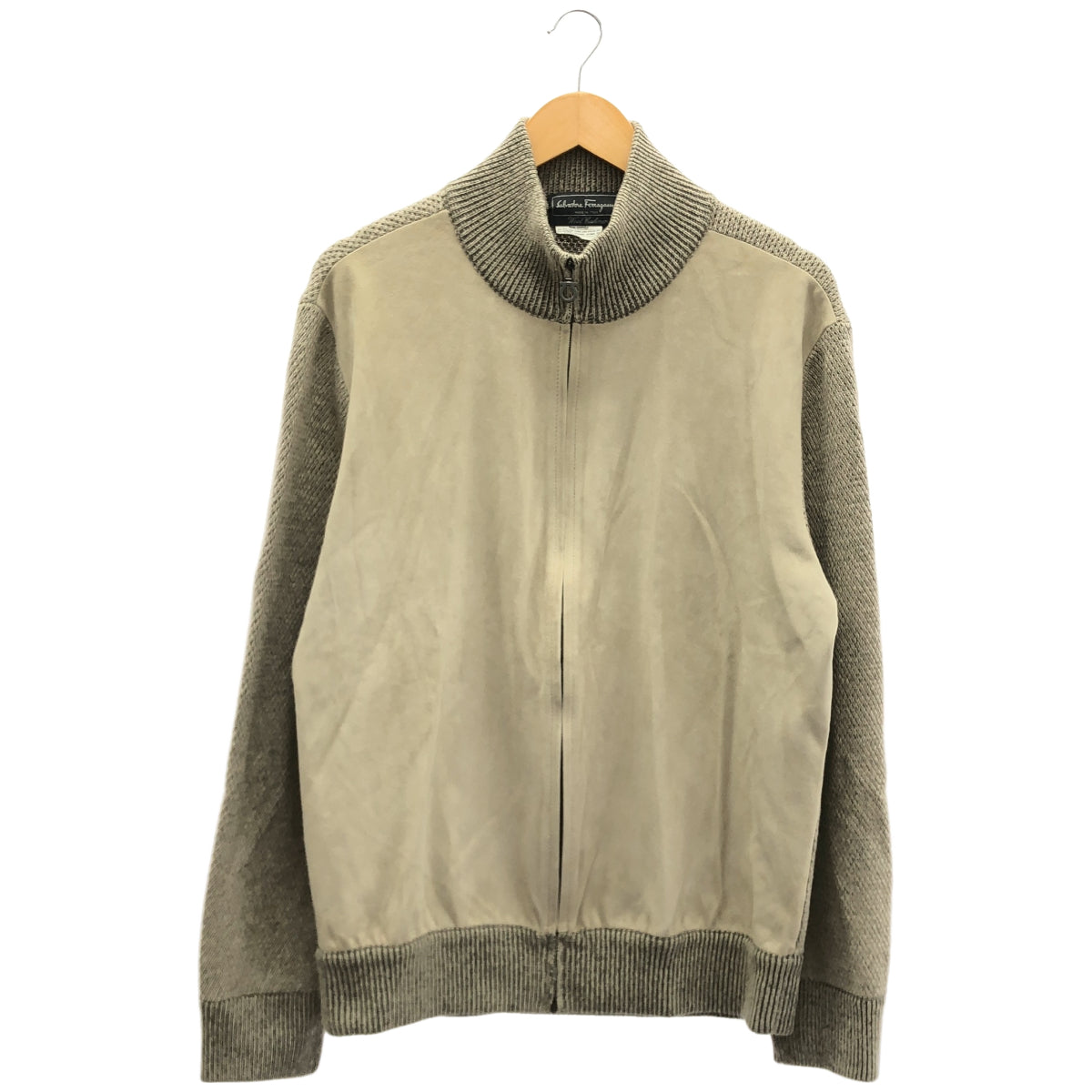 Salvatore Ferragamo Beige wool cashmere-leather-panel zip blouson jacket, top