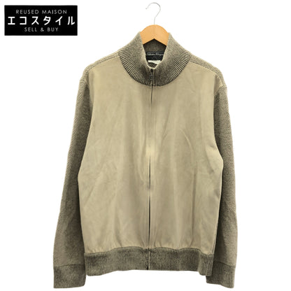 Salvatore Ferragamo Beige wool cashmere-leather-panel zip blouson jacket, top