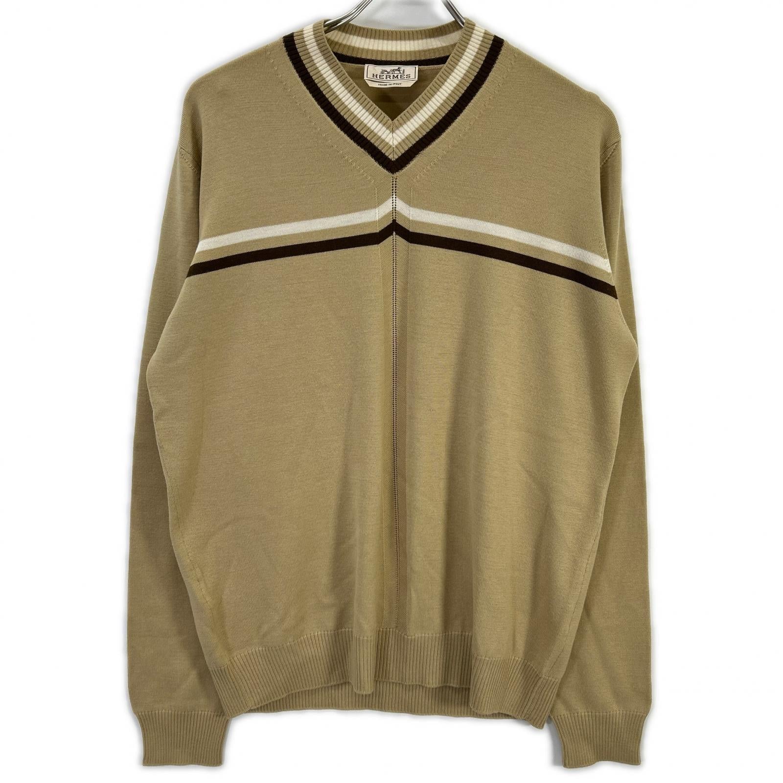HERMES エルメス ベージュ ウール Vネック ニット セーター トップス