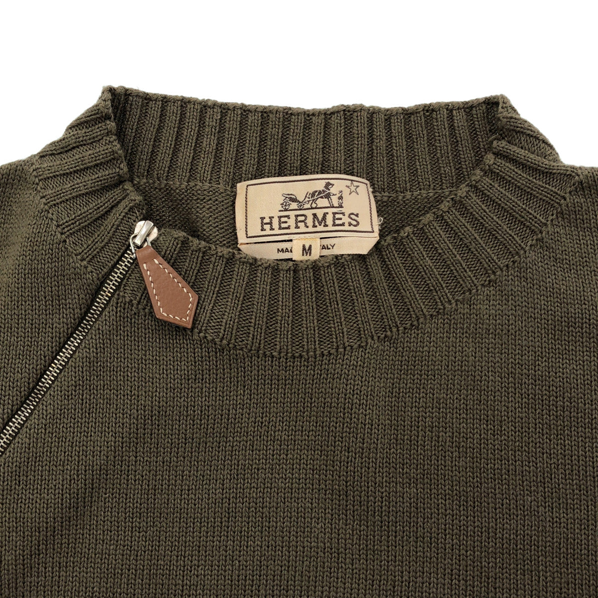 HERMES エルメス カーキ ハーフジップ レザープル ニット セーター トップス