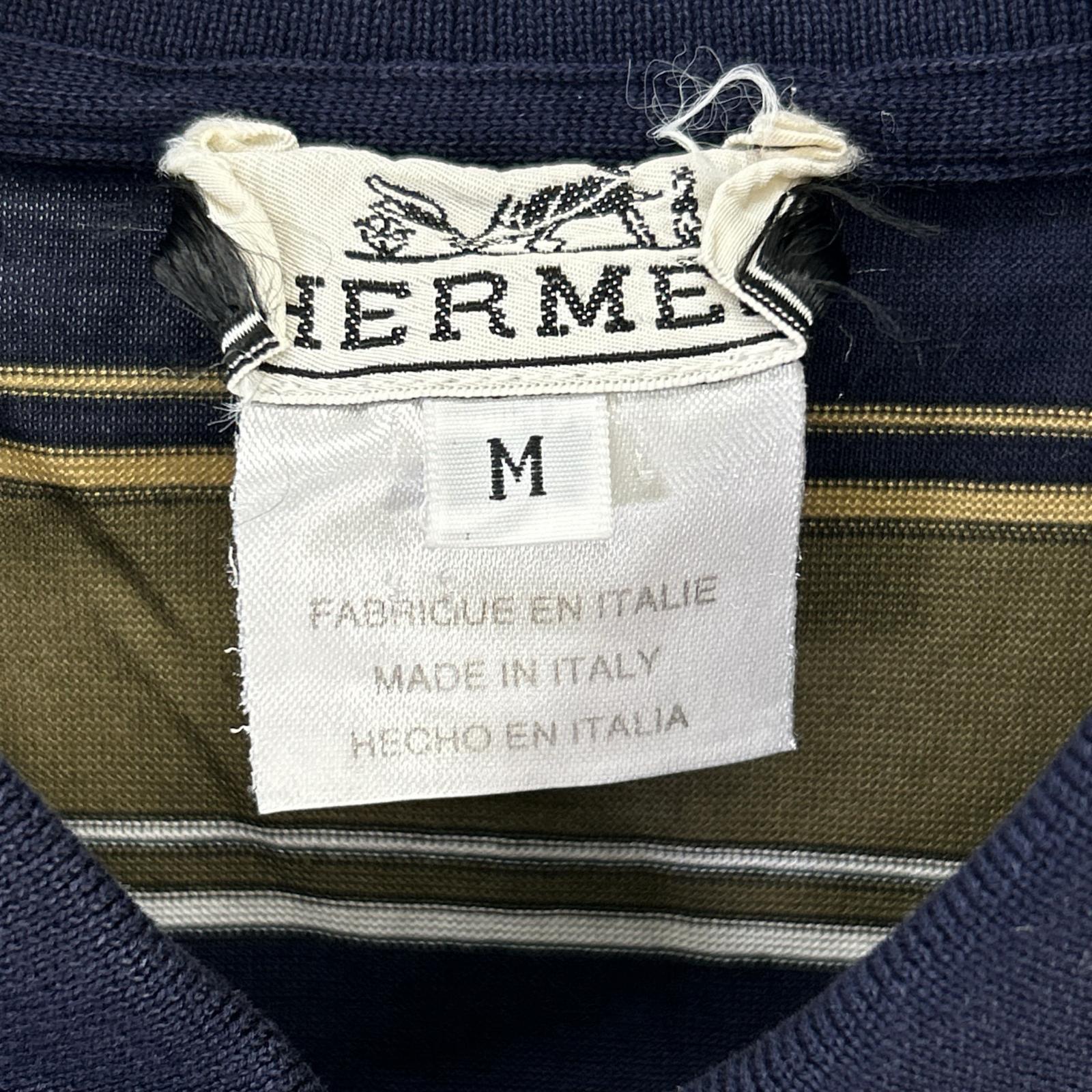 HERMES エルメス カーキ×ネイビー コットン ボーダー ポロシャツ トップス