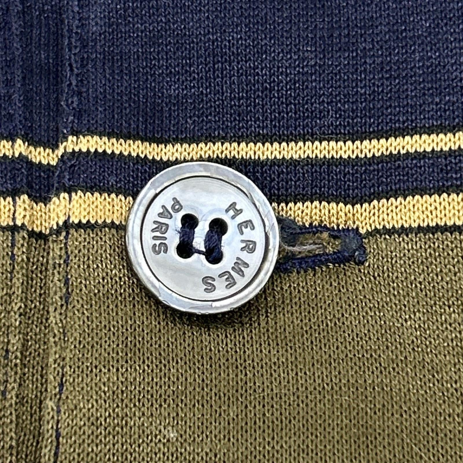 HERMES エルメス カーキ×ネイビー コットン ボーダー ポロシャツ トップス