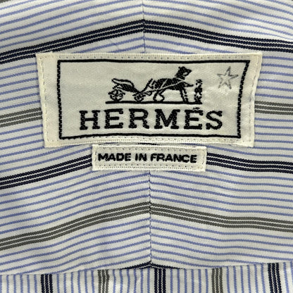 HERMES エルメス ブルー コットン ストライプ セリエボタン 長袖シャツ トップス