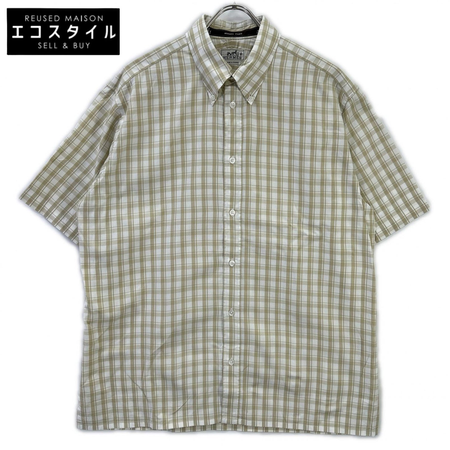 HERMES エルメス ベージュ チェック コットン 半袖シャツ トップス
