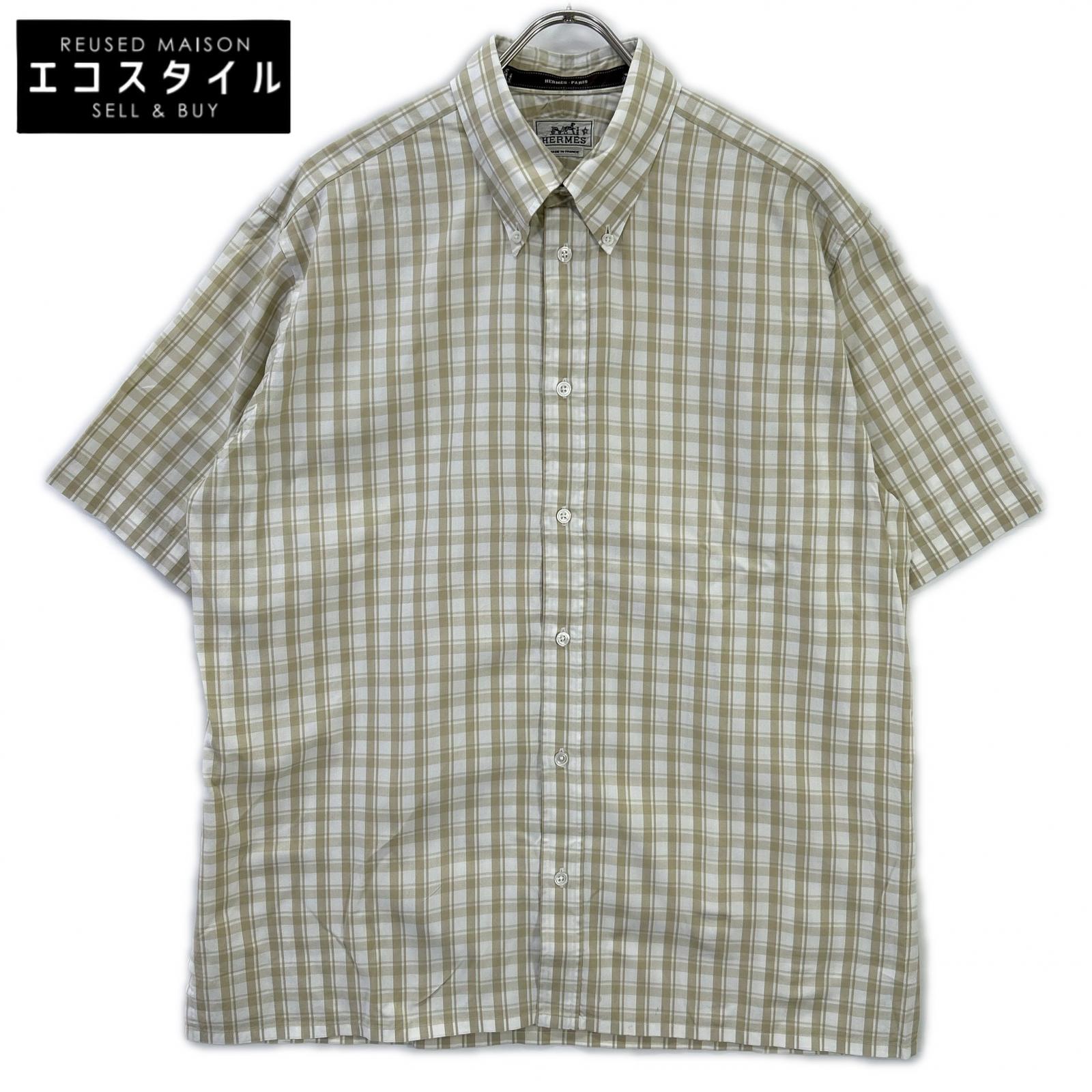 HERMES エルメス ベージュ チェック コットン 半袖シャツ トップス