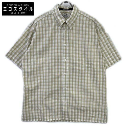 HERMÈS HERMÈS beige checked cotton short-sleeve shirt top