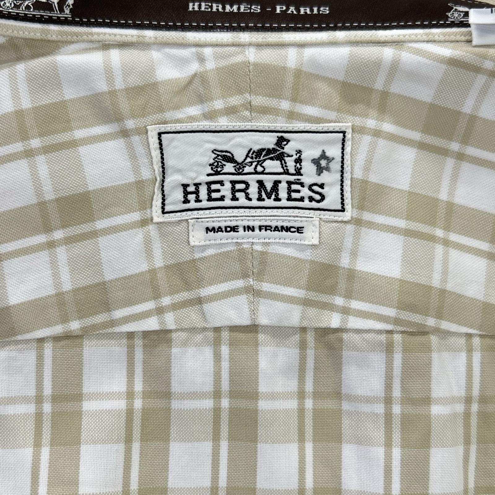 HERMES エルメス ベージュ チェック コットン 半袖シャツ トップス