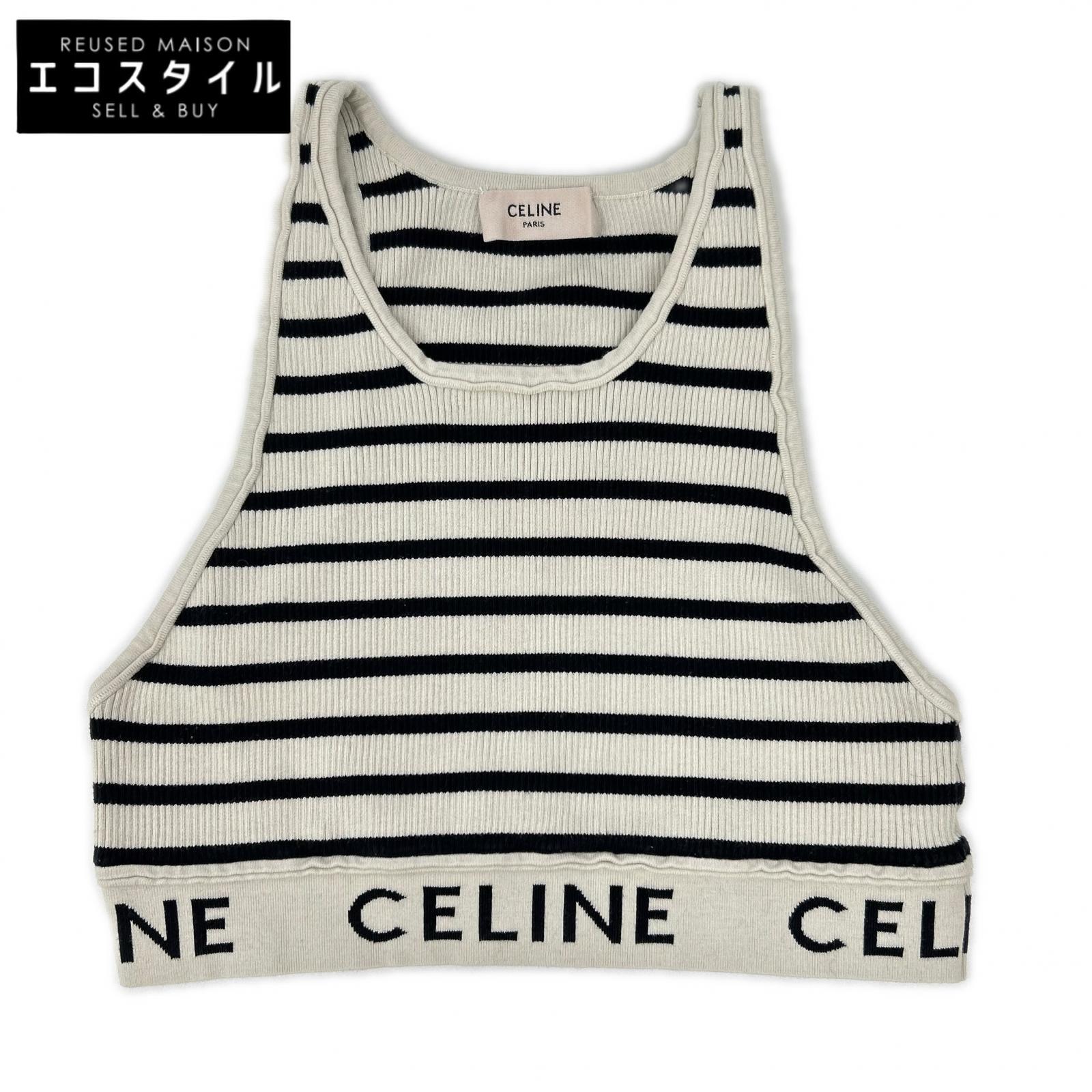 CELINE セリーヌ ブラック×アイボリー 2A220372N ロゴ アスレチックニット タンクトップ トップス