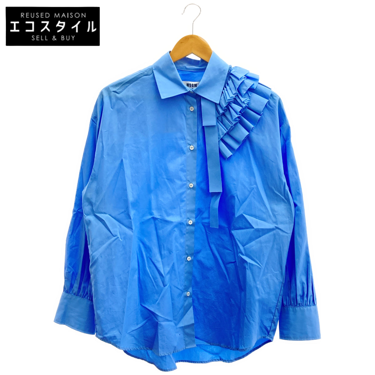 MSGM MSGM 3841MDE11X blue ruffle-ribbon shirt-collar blouse tops