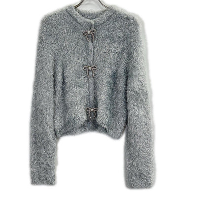 MUVEIL 25AW MA253KCD005 silver ribbon-button glitter fur cardigan ecru jacket
