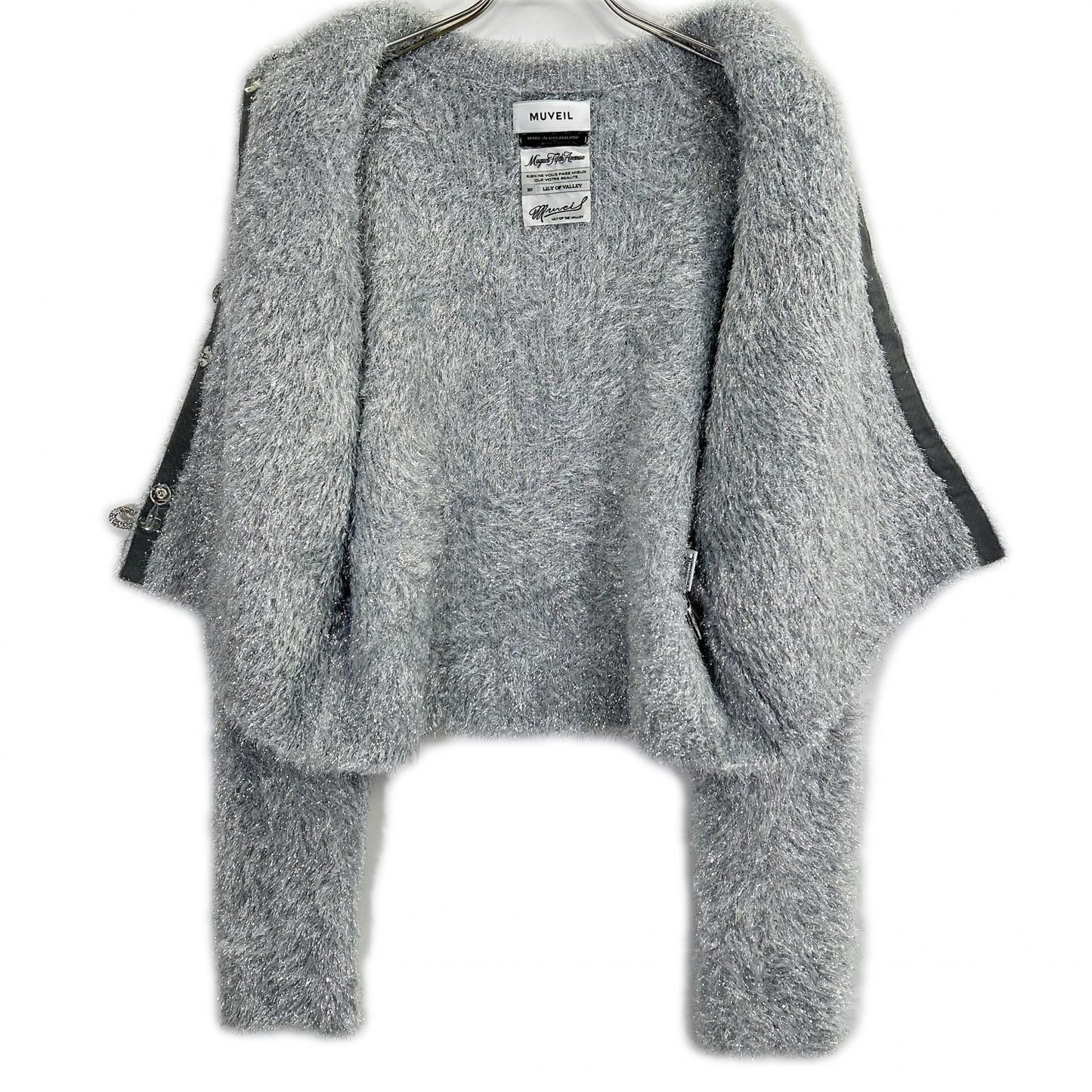 MUVEIL 25AW MA253KCD005 silver ribbon-button glitter fur cardigan ecru jacket